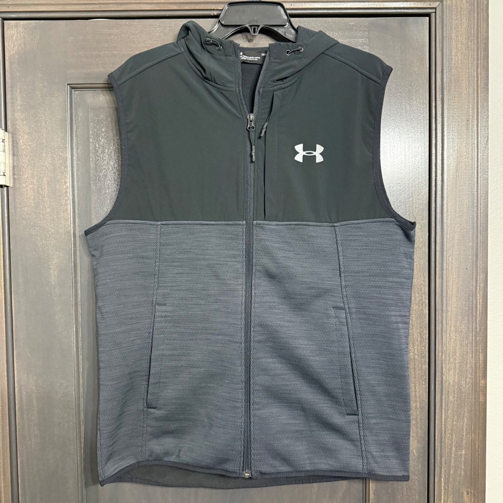 Under Armour Storm Mens Large Hooded Vest Black Gray Full Zip Water Resistant
